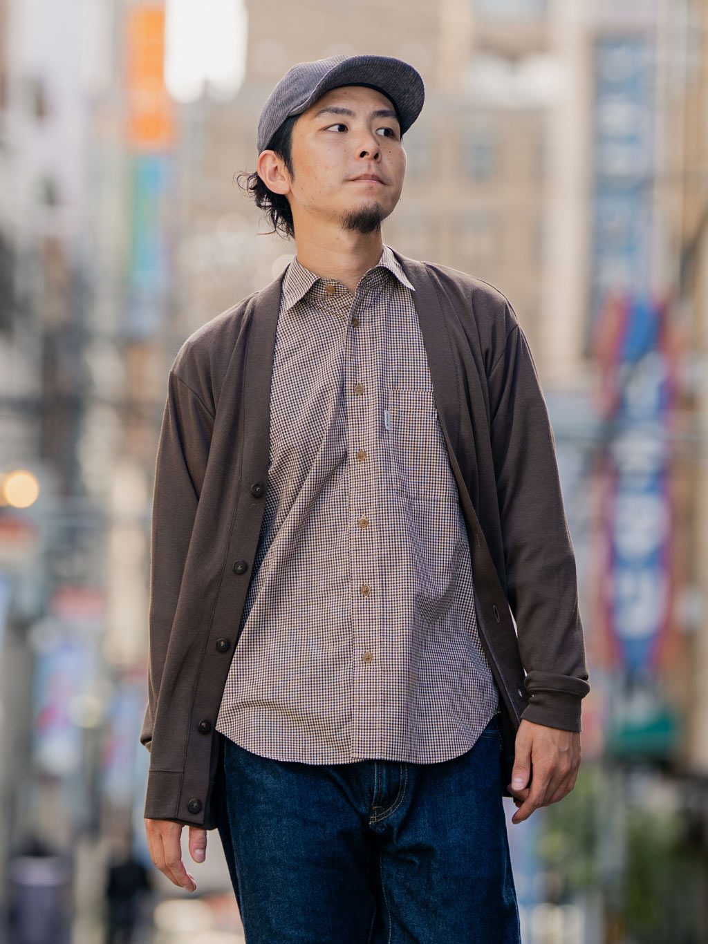 ポプリンチェックシャツ着用