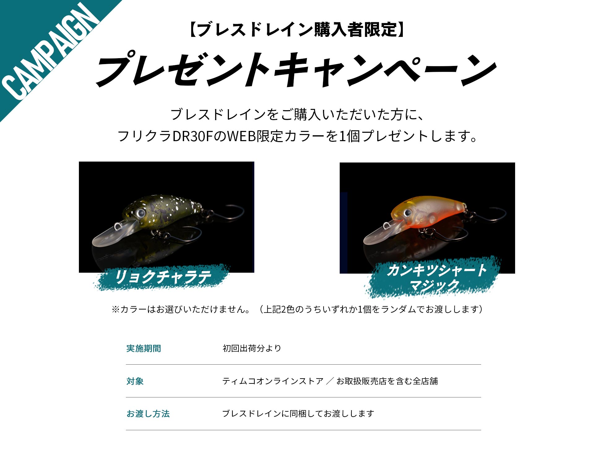 【ブレスドレイン購入者限定】プレゼントキャンペーン。ブレスドレインをご購入いただいた方に、フリクラDR30FのWEB限定カラー（#801 リョクチャラテ／#802 カンキツシャートマジック）を1個プレゼントします。カラーはお選びいただけません。実施期間：初回出荷分より。対象：ティムコオンラインストア／お取扱販売店を含む全店舗。お渡し方法：ブレスドレインに同梱してお渡しします。